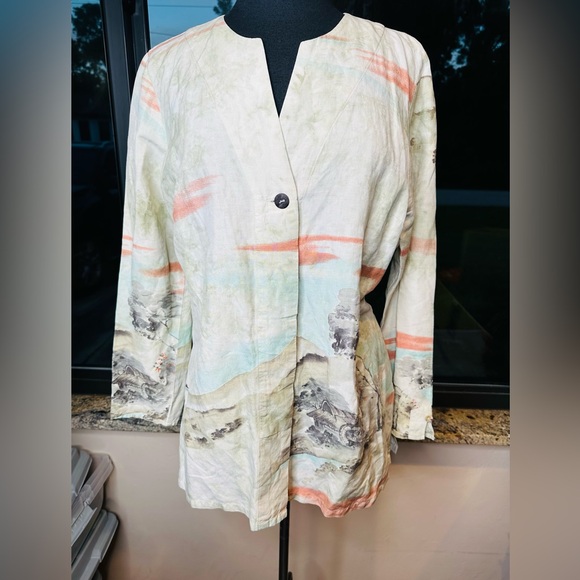 Citron Santa Monica Tops - Citron Beige Tunic Landscape Scenery Silk Linen Blend Button Down Size Large